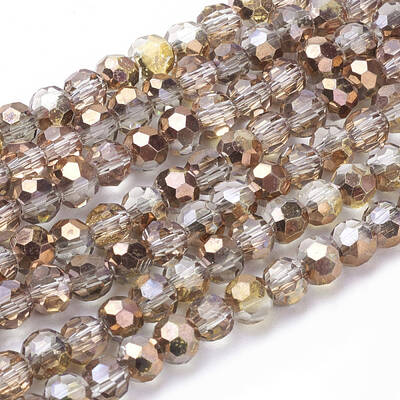 Faceted(32 Facets) Round Half Plated Electroplate Glass Beads Strands