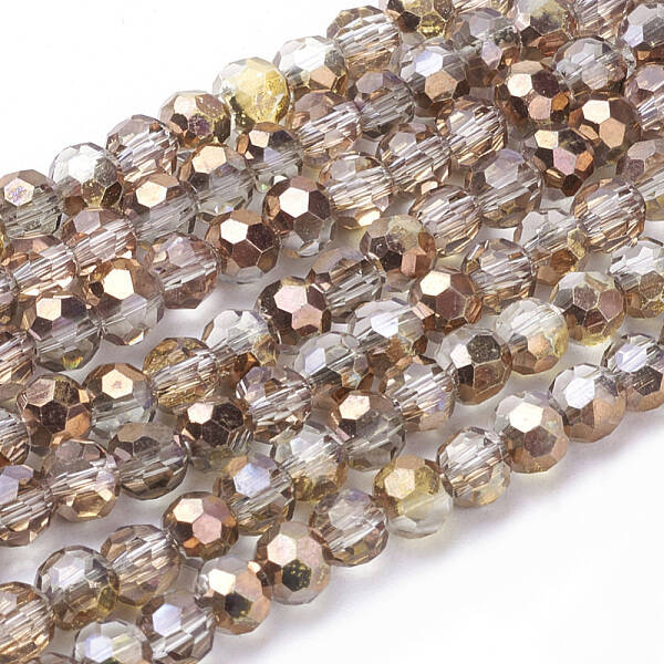 Faceted(32 Facets) Round Half Plated Electroplate Glass Beads Strands