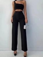 Women's Solid High Waist Straight Leg Pants, Elegant Fashion Casual Trousers for Daily Outdoor Wear, Women's Bottoms for All ...