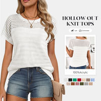 SHEWIN 2025 Summer Outfit Womens Sweaters Crew Neck Short Sleeve Shirts Summer Tops Knit Eyelet Hollow Out T Shirts Sweater B...