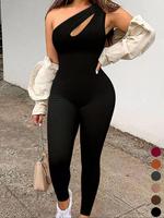 Women's Plain Cut Out One Shoulder Skinny Jumpsuit, Casual Sleeveless Bodycon Jumpsuit for Daily Wear, Ladies Clothes for All...
