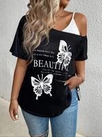 【Plus Size】 Butterfly Print Curved Hem Tee, Casual Fashion Cap Sleeve T-shirt for Daily Wear, Women Plus Clothing for Sum...