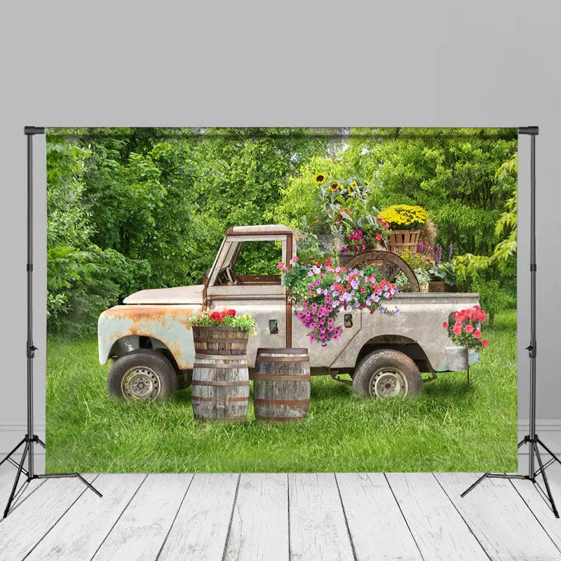 Trees And Meadow Truck Floral Spring Ideas Backdrop - Aperturee