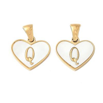 304 Stainless Steel Pave Natural White Shell Heart with Initial Slice Pendants
