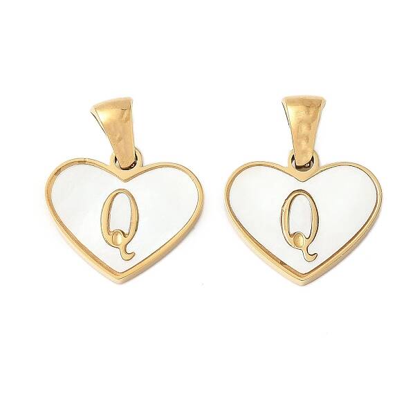 304 Stainless Steel Pave Natural White Shell Heart with Initial Slice Pendants