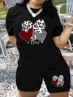 Women's Leopard Heart Print Short Sleeve Tee & Skinny Shorts Two-Piece Set, Casual Round Neck T-shirt & Shorts for Daily Wear...