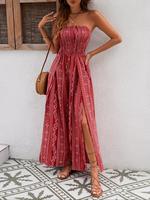 Women's Paisley & Ethnic Pattern Shirred Wide Leg Vintage Jumpsuit, Sleeveless Strapless Jumpsuit for Women, Boho Wrap Split ...