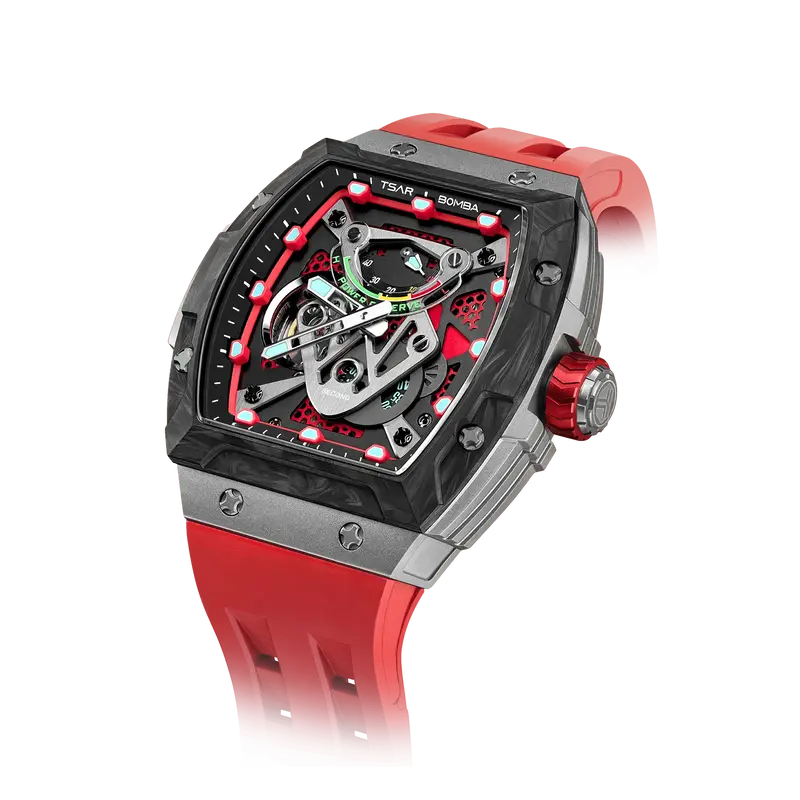 TSAR BOMBA Men's Automatic Mechanical Watch | Red | 46mm | The Neutron TB8216 | Carbon Fiber Bezel | Titanium Case