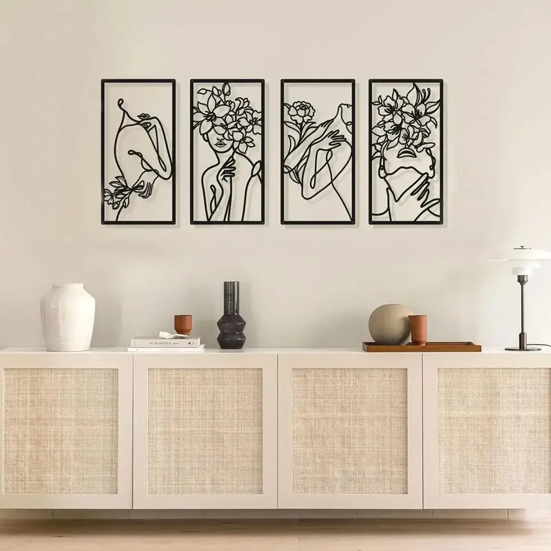 Abstract Figure Line & Flower Pattern Wall Art, 4 Counts Modern Simple Iron Wall Decor, Wall Hanging Decor for Home Living Ro...