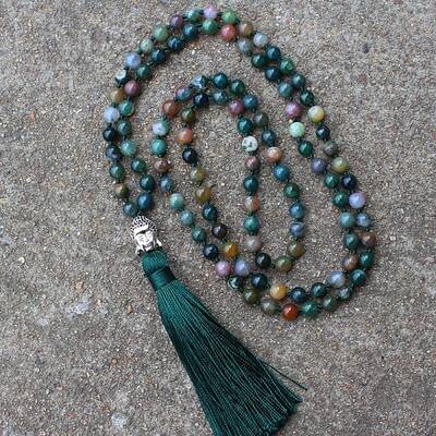 Alloy Buddha Natural Indian Agate 108 Mala Prayer Round Beaded Wrap Necklaces with Long Tassel