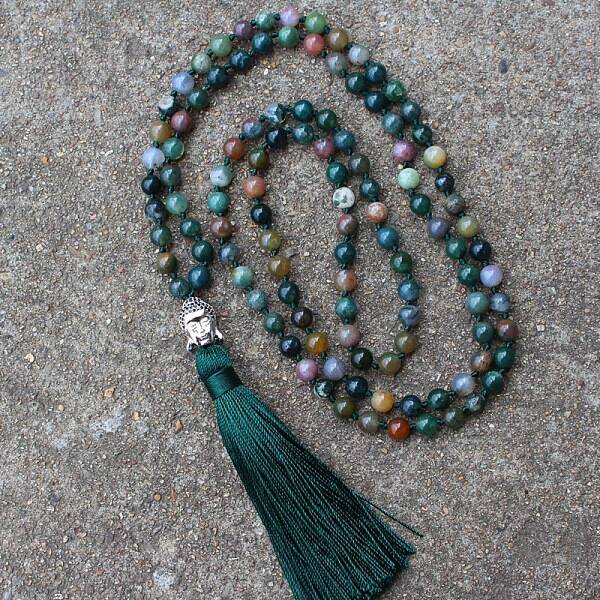 Alloy Buddha Natural Indian Agate 108 Mala Prayer Round Beaded Wrap Necklaces with Long Tassel
