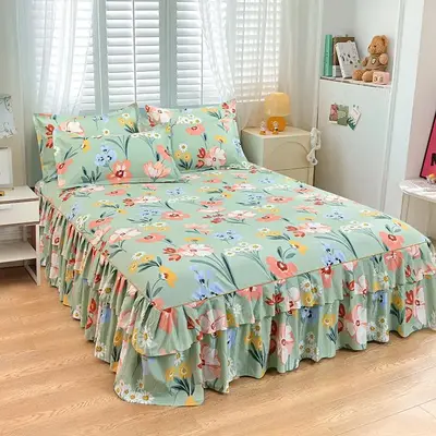 Floral Print Bed Skirt & Pillowcase Set, 3 Counts/set Including 1 Count Bed Skirt & 2 Counts Pillowcase(20*30in) without Fill...