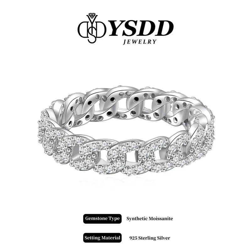 【#288 Cuban Band】Full Synthetic Moissanite Link Chain Ring Band in 925 Sterling Silver