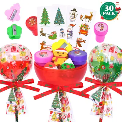 Christmas Gifts for Kids - 30 Pack Lollipop-Shaped Stationery Set with Christmastree Cards Slap Bracelets Pencils Stickers Er...
