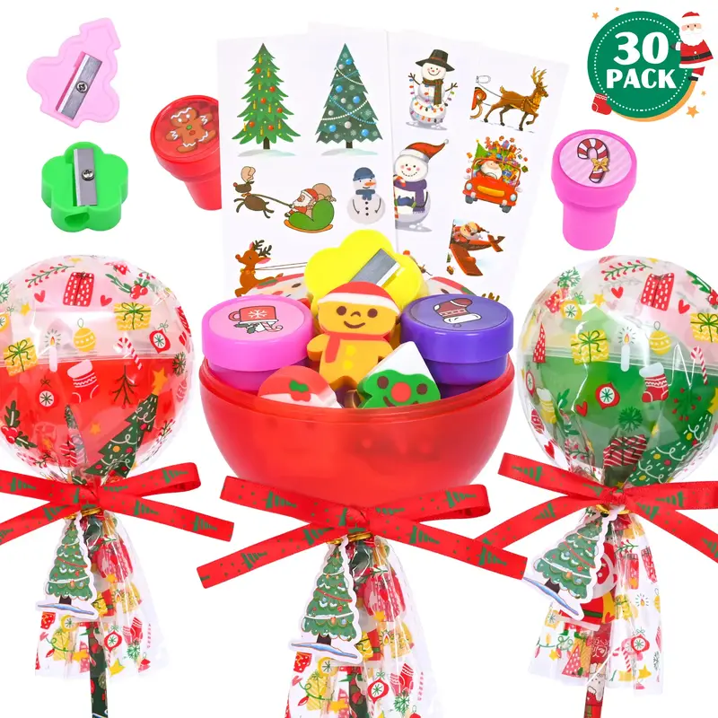 Christmas Gifts for Kids - 30 Pack Lollipop-Shaped Stationery Set with Christmastree Cards Slap Bracelets Pencils Stickers Er...