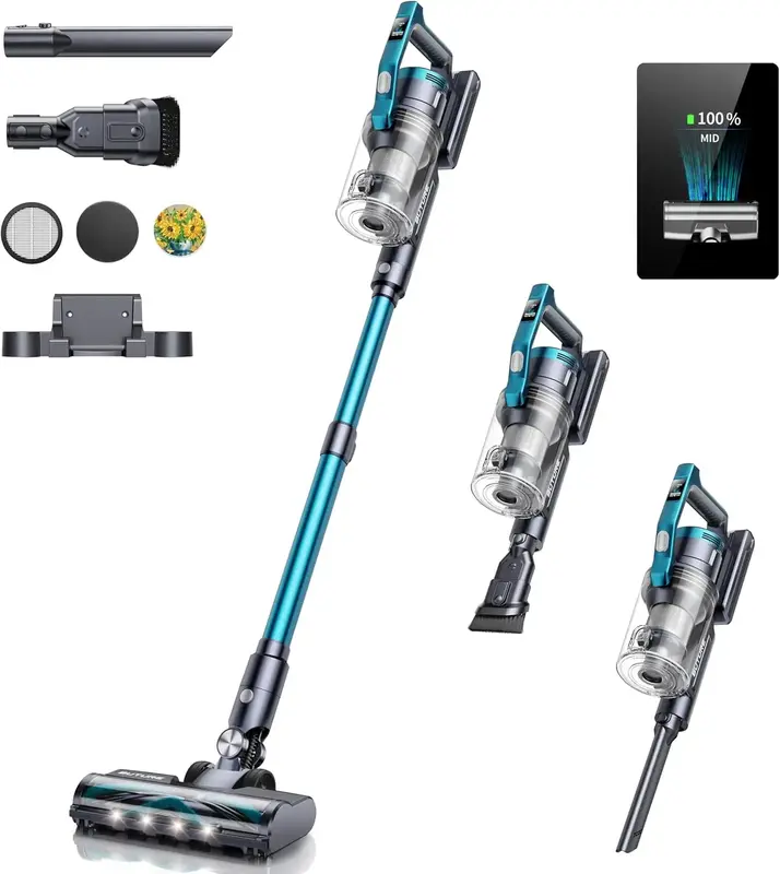 Cordless Vacuum Cleaner ,  450W 30Kpa Powerful Suction Brushless Pro Vacuum with LED Display ，45Mins Detachable Battery, 3 ...