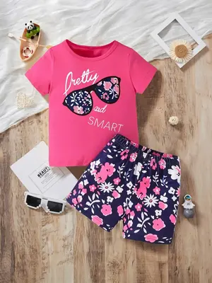 Girl's Cartoon Print Short Sleeve Tee & Floral Print Shorts Two-piece Set, Casual Round Neck T-shirt & Shorts, Summer Outfits...