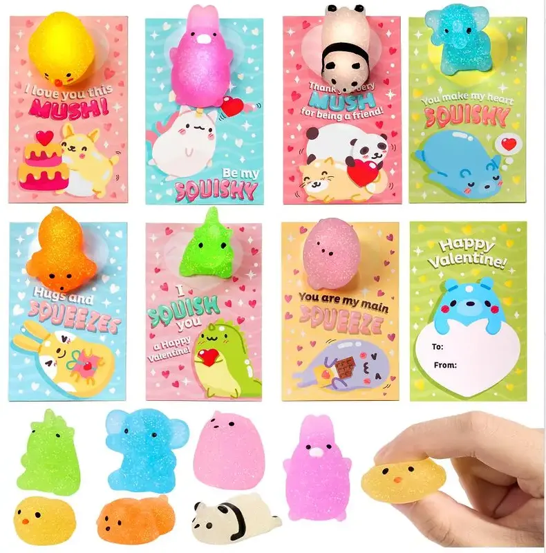 28Pcs Kids Valentines Cards With Glitter Mochi Squishy Toys Stress Relief Fidget Toys for Classroom Exchange 2025 Valentine E...