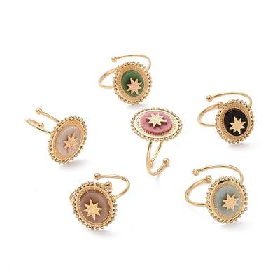 Ion Plating(IP) Natural Gemstone Oval with Star Open Cuff Ring