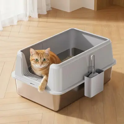 Garvee Non-Stick Stainless Steel Litter Box, Side Opening Splash-Proof & Leak-Proof Large Metal Cat Litter Box with Lid & Sco...