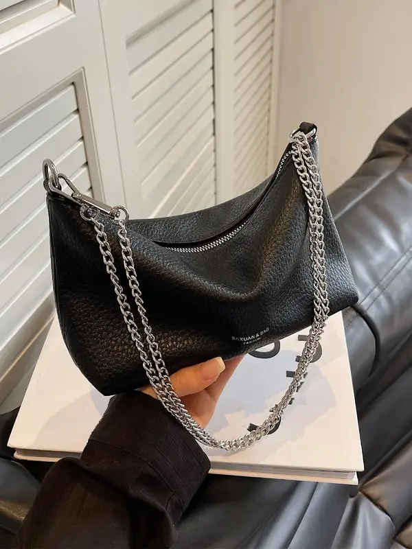 Women's Solid Letter Patch Chain Strap Shoulder Bag, PU Leather Zipper Crossbody Bag for Daily Used, Lychee Pattern Commuting...