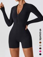 Sporty Women's Solid Color Zip Up Half Placket Sports Skinny Romper,  Compression Garment, Tight-fitting Long Sleeve Mock Nec...