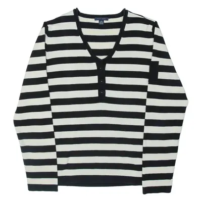 TOMMY HILFIGER Womens Patterned Jumper Black Striped Button Neck Tight Knit L