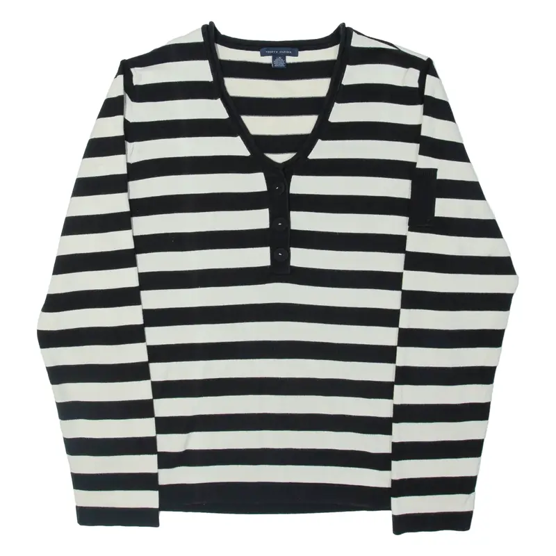 TOMMY HILFIGER Womens Patterned Jumper Black Striped Button Neck Tight Knit L