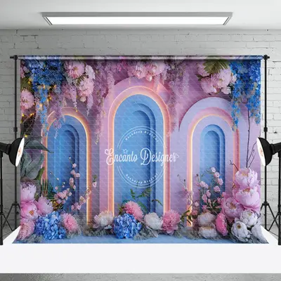 Aperturee Blue Pink Light Arch Romantic Floral Wedding Backdrop | Wedding Photo Booth Backdrop | Wedding Stage Backdrop | Hap...