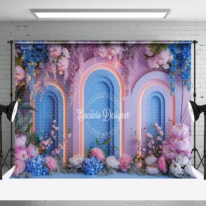 Aperturee Blue Pink Light Arch Romantic Floral Wedding Backdrop | Wedding Photo Booth Backdrop | Wedding Stage Backdrop | Hap...