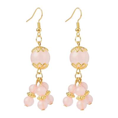 Natural Rose Quartz Round Beaded Cluster Long Dangle Earrings
