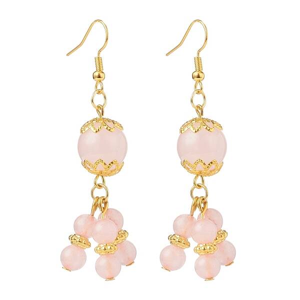 Natural Rose Quartz Round Beaded Cluster Long Dangle Earrings