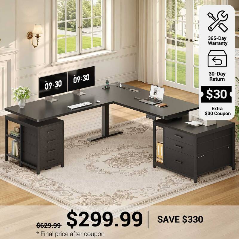 SEDETA 63 Inch L Shaped Electric Standing Desk with 7 Drawers Height Adjustable Stand Up Desk with Power Outlets Sit Stand De...
