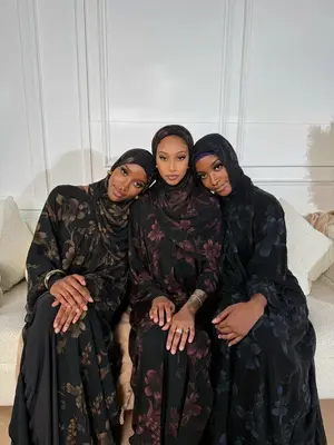 Starlight Abaya Set - Black Rhinestone Printed Chiffon Abaya with Matching Scarf & Button Closure Option