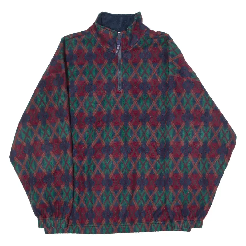 Vintage BUGLE BOY Mens Patterned Fleece Green Diamond 1/4 Zip 90s L