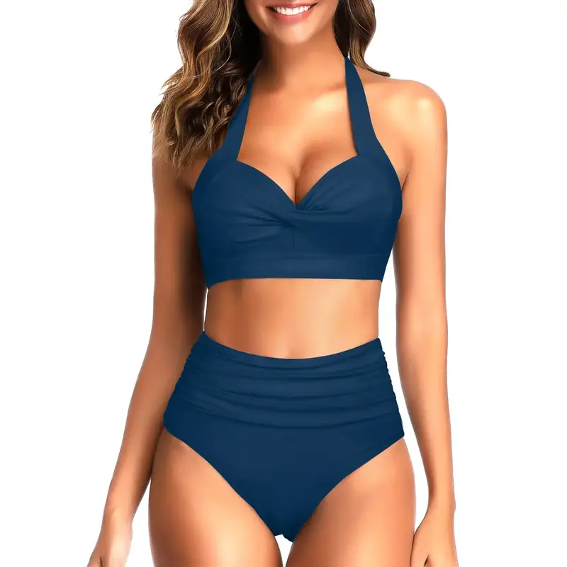 Tempt Me Women Two Piece Vintage Swimsuit Retro Halter Ruched High Waist Bikini Set with Bottom Tummy Control High Cut Leg Bi...
