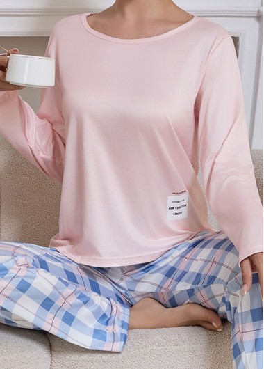 Modlily Light Pink Plaid Long Sleeve Lounge Top and Pants - L