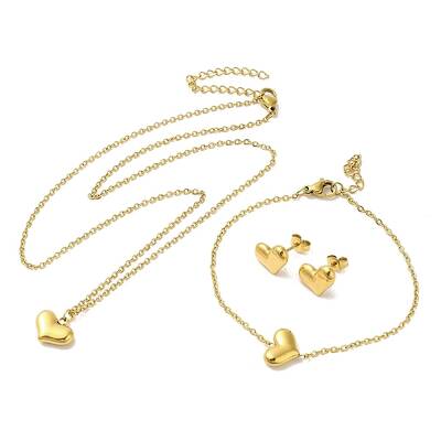 Ion Plating(IP) 304 Stainless Steel Heart Pendant Necklaces & Bracelets & Stud Earrings Sets for Women