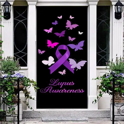 Black Purple Butterfly Lupus Awareness Door Cover - Aperturee