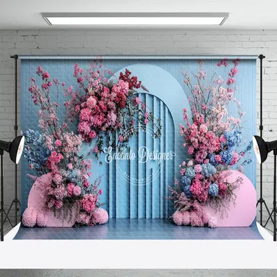 Aperturee Blue Artist Wall Pink Floral Wedding Photo Backdrop, 3X2FT(1MX0.6M), 14 USD, wedding backdrops, ENHD2J67-M