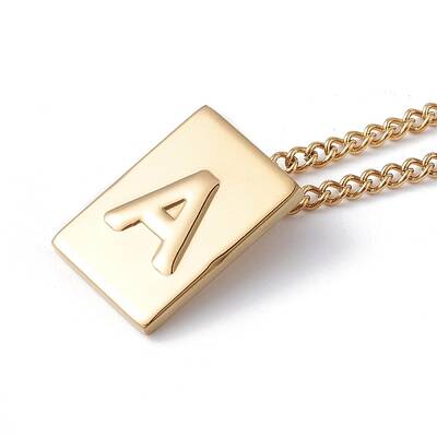 Stainless Steel Initial Letter Rectangle Pendant Necklace for Men Women