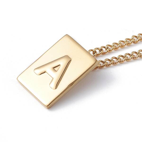 Stainless Steel Initial Letter Rectangle Pendant Necklace for Men Women
