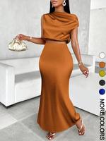 Women's Solid Asymmetrical Neck Top & Mermaid Skirt Satin Two-piece Set, Minimalist Elegant Fashion Casual Top & Skirt for Da...