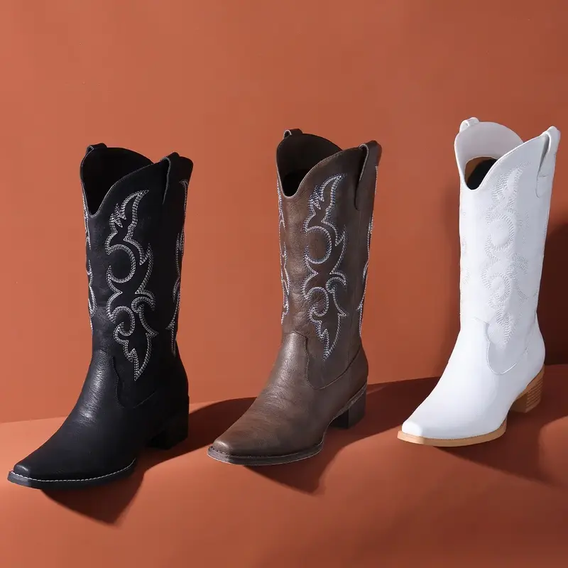 Pasuvo Cowboy Boots for Women - Embroidered Cowgirl Boots Western Mid Calf Fashion Chunky Heel Pointed Toe Country Boots Mid-...