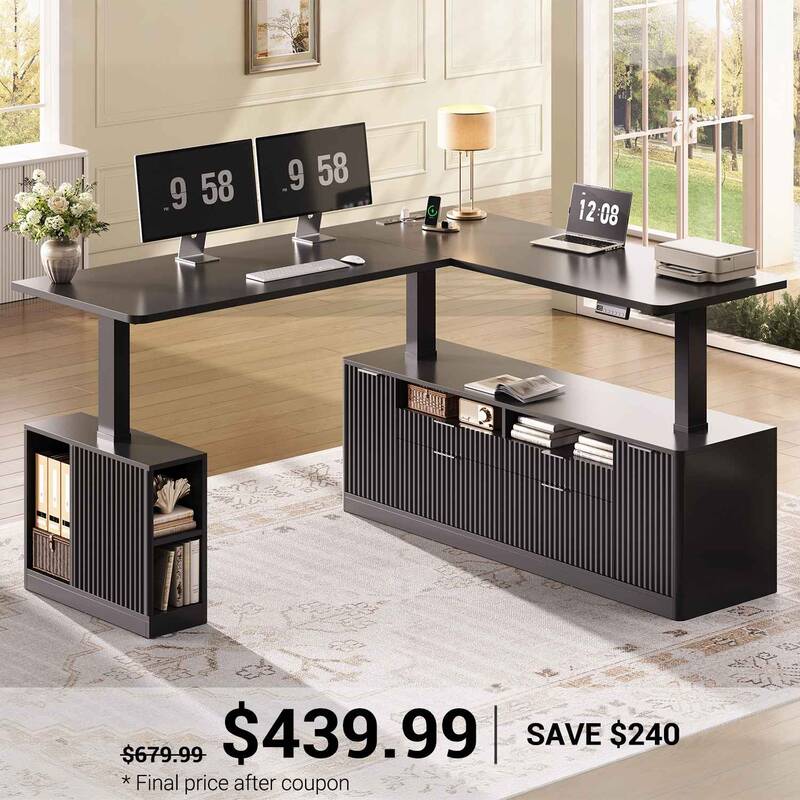 SEDETA | 69 Inch L Shaped Fluted Standing Desk Height Adjustable Electric Computer Executive Desks with Power Outlet 4 Drawer...