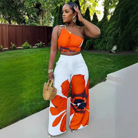 two-piece set woman Flower Print Two Piece Set for Women Y2K Clothes One Shoulder Crop Top and Loose Wide Leg Pants Matching ...