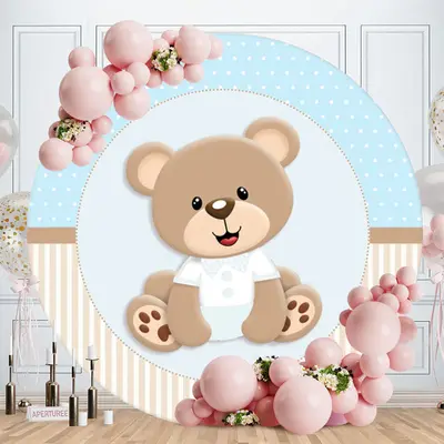 Aperturee Brown Teddy Bear Round Blue Birthday Backdrop