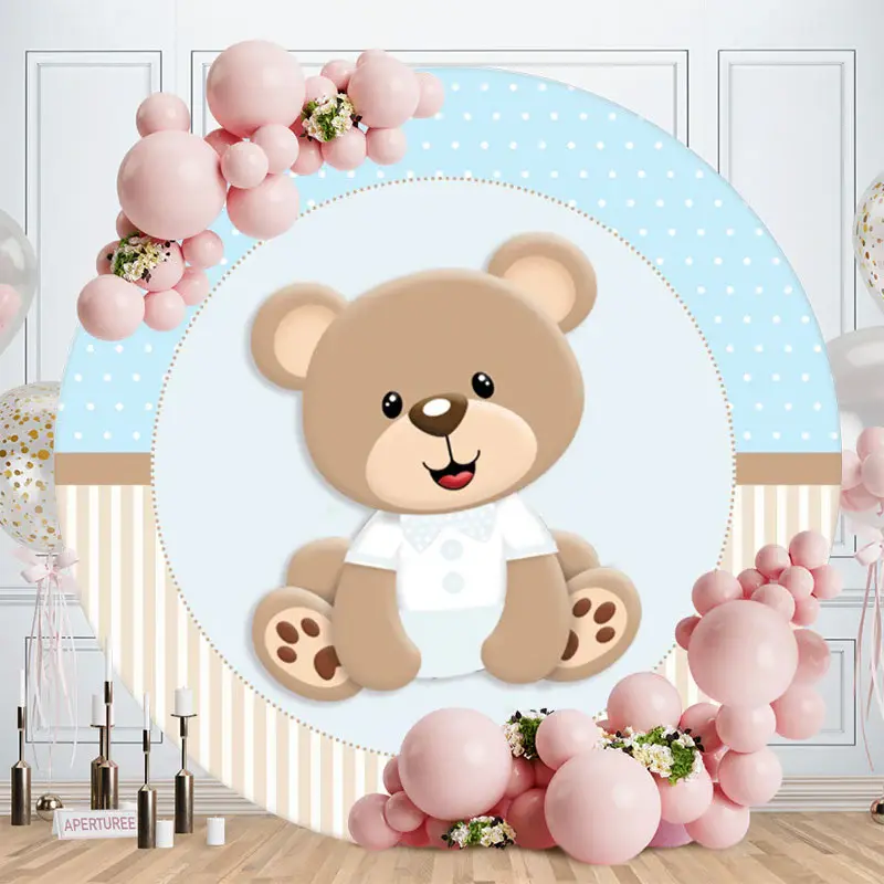 Aperturee Brown Teddy Bear Round Blue Birthday Backdrop