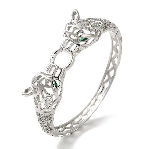Brass Pave Clear & Green Cubic Zirconia Leopard Hinged Hollow Bangle for Women