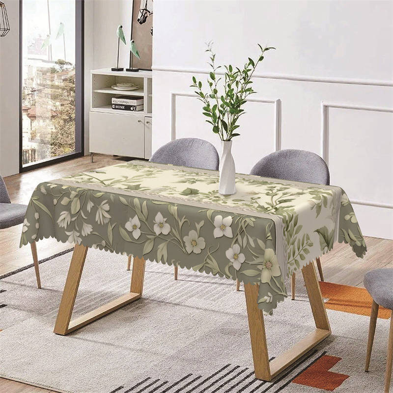Green Leaf White Floral Spring Rectangle Tablecloth - Aperturee